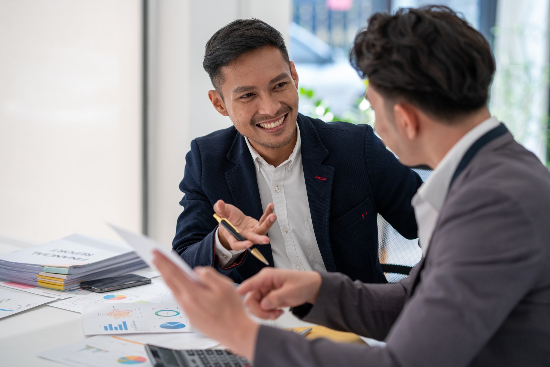 Business planning, office trainee, cooperate work with colleague, Office worker discussing work plan of marketing